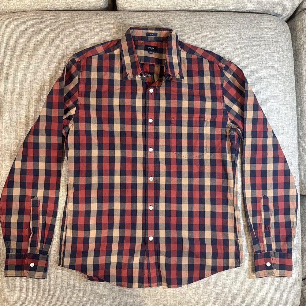 J.Crew Slim Fit Plaid Button Down Shirt Mens Large Red Blue Cotton